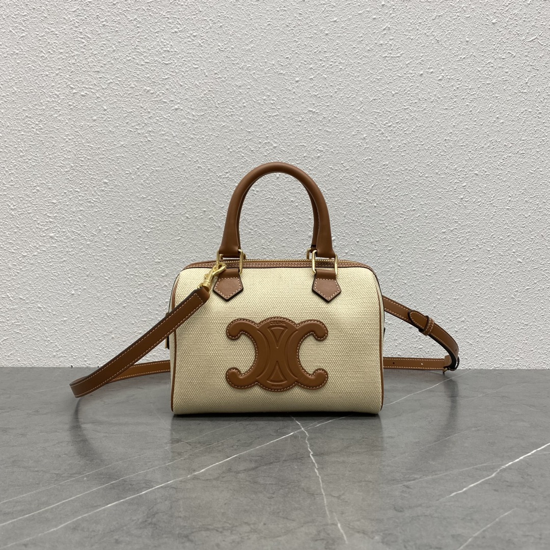 Celine Small Boston Cuir Triomphe In Canvas And Calfskin Beige 197582